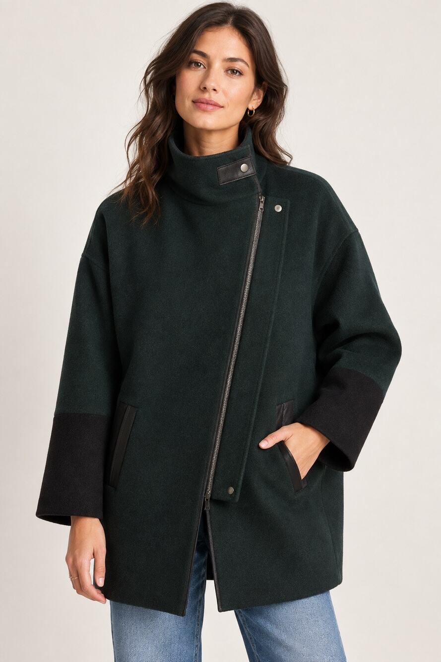 Madewell City Grid Wool Leather Cocoon Coat – Evergreen Black – Size 6